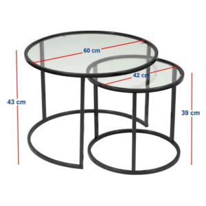 Τραπεζάκι σαλονιού σετ 2 τμχ Vetro Megapap μέταλλο - γυαλί χρώμα μαύρο Ø60x43εκ. - Image 5