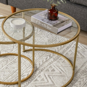 Τραπεζάκι σαλονιού σετ 2 τμχ Vetro Megapap μέταλλο - γυαλί χρώμα χρυσό Ø60x43εκ. - Image 4