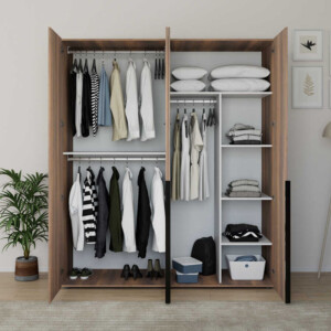 Ντουλάπα ρούχων Oryana Megapap τετράφυλλη χρώμα καρυδί 180x62x210εκ. - Image 4