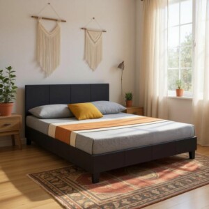 Κρεβάτι Flat Megapap από τεχνόδερμα χρώμα μαύρο ματ 140x190εκ. - Image 2