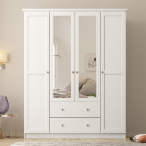 Ντουλάπα ρούχων Emily Megapap τετράφυλλη με καθρέπτη και συρτάρια χρώμα λευκό 140x50x210εκ. - Image 3