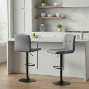 Σκαμπό μπαρ Carmelo Megapap με ρυθμιζόμενο ύψος βελούδο γκρι - βάση μαύρο ματ 45x42x90/113εκ. - Image 2