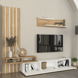 Σύνθεση τηλεόρασης Rosaline Megapap χρώμα λευκό - sepet oak 233x31,3x196,8εκ. - Image 4