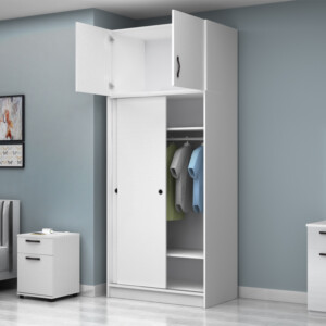 Ντουλάπα ρούχων Regio Megapap δίφυλλη συρόμενη με πατάρι χρώμα λευκό 100x60x240εκ. - Image 2