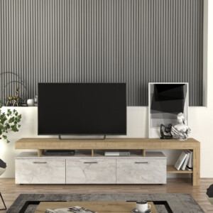 Έπιπλο τηλεόρασης Acnes Megapap χρώμα λευκό εφέ μαρμάρου - sapphire oak 220x40x52εκ. - Image 3