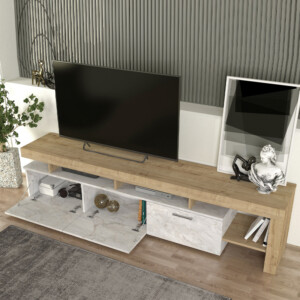 Έπιπλο τηλεόρασης Acnes Megapap χρώμα λευκό εφέ μαρμάρου - sapphire oak 220x40x52εκ. - Image 4