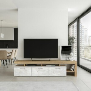 Έπιπλο τηλεόρασης Acnes Megapap χρώμα λευκό εφέ μαρμάρου - sapphire oak 220x40x52εκ. - Image 6