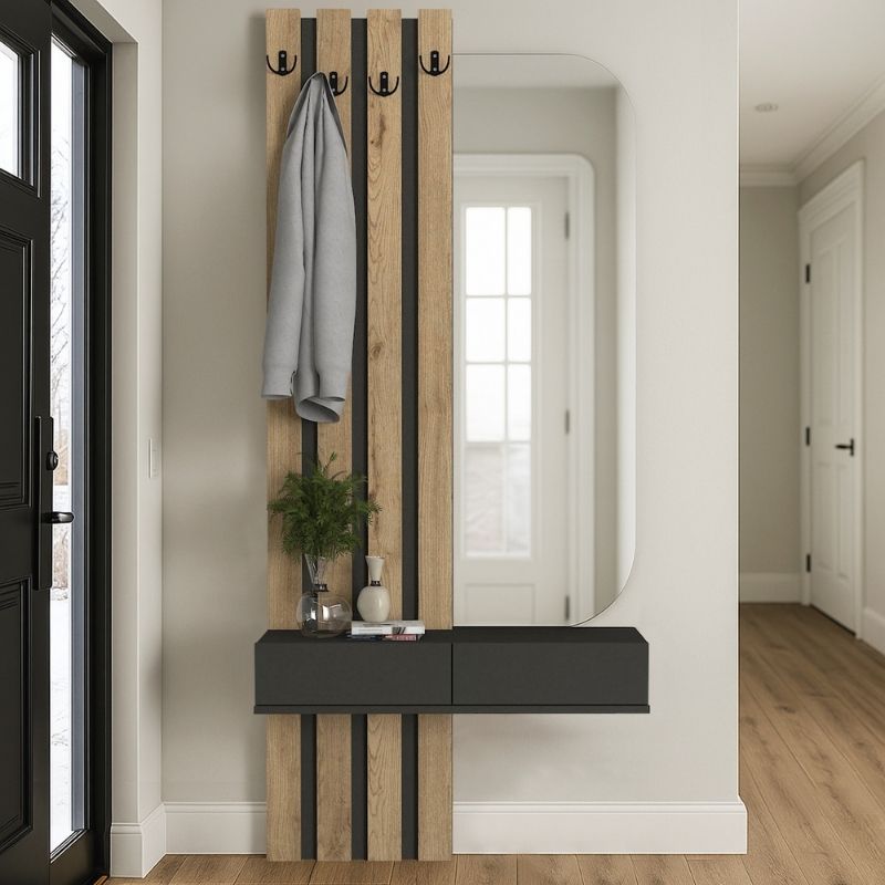 Έπιπλο εισόδου Reyas Megapap χρώμα ανθρακί - sepet oak 90x27x205 Έπιπλο εισόδου Reyas Megapap χρώμα ανθρακί - sepet oak 90x27x205