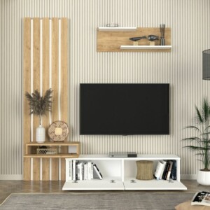 Σύνθεση τηλεόρασης Rosaline Megapap χρώμα λευκό - sepet oak 183x31,3x196,9εκ. - Image 4