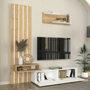 Σύνθεση τηλεόρασης Rosaline Megapap χρώμα λευκό - sepet oak 183x31,3x196,9εκ. - Image 6