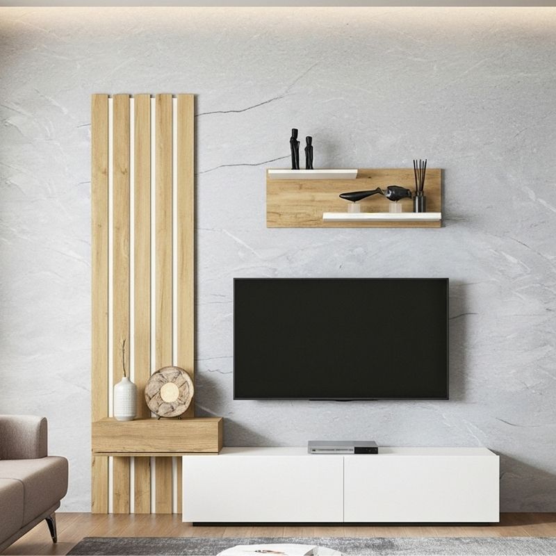 Σύνθεση τηλεόρασης Rosaline Megapap χρώμα λευκό - sepet oak 183x31 Σύνθεση τηλεόρασης Rosaline Megapap χρώμα λευκό - sepet oak 183x31