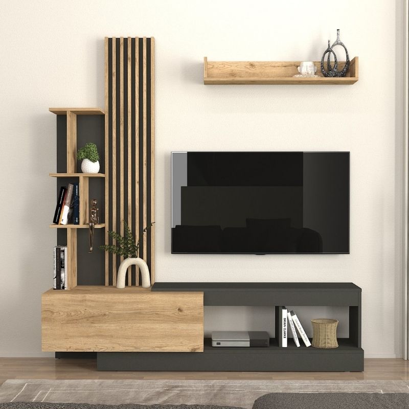 Σύνθεση τηλεόρασης Vermont Megapap χρώμα ανθρακί - sepet oak 180x40x193 Σύνθεση τηλεόρασης Vermont Megapap χρώμα ανθρακί - sepet oak 180x40x193