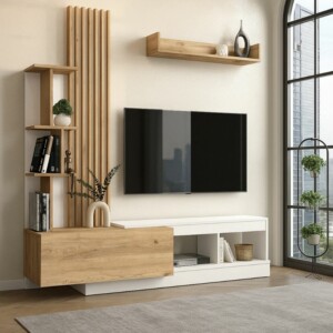 Σύνθεση τηλεόρασης Vermont Megapap χρώμα λευκό - sepet oak 180x40x193,8εκ. - Image 8