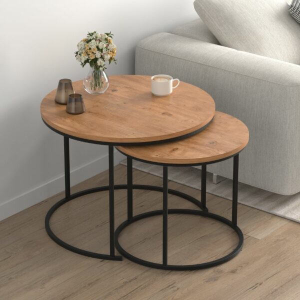 Τραπεζάκι σαλονιού σετ 2 τμχ Hilal Megapap χρώμα pine oak Ø66x49