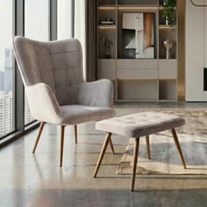 Πολυθρόνα - Μπερζέρα με υποπόδιο Lily Megapap μπεζ βελούδο - μεταλλικό πόδι χρώμα φυσικό 70x62x98εκ.