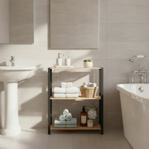 Ραφιέρα δαπέδου - Τραπεζάκι βοηθητικό ξύλινο - πλαστικό χρώμα φυσικό - μαύρο 65x29x78εκ. - Image 2