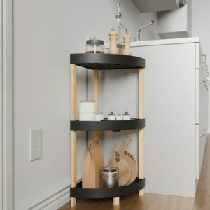 Ραφιέρα δαπέδου γωνιακή πλαστική - ξύλινη χρώμα φυσικό - μαύρο 44x32x79εκ. - Image 3