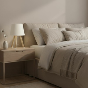 Φωτιστικό επιτραπέζιο ξύλινο - πλαστικό χρώμα μπεζ Ø18x34εκ. - Image 2