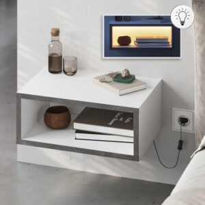 Κομοδίνο επιτοίχιο Brik Megapap με LED χρώμα λευκό - γκρι ρετρό 45x30x18εκ.