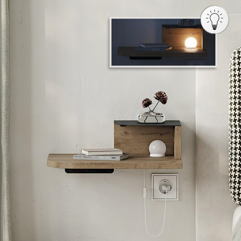 Κομοδίνο επιτοίχιο Luno Megapap με LED χρώμα sepet oak 40x30x16