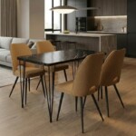 Σετ τραπεζαρία 5τμχ Roger - Christy Megapap Mdf - ύφασμα χρώμα μαύρο εφέ μαρμάρου - μουσταρδί 120x70x75εκ.