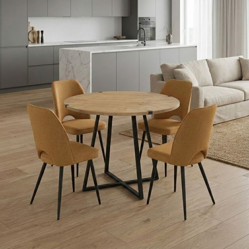 Σετ τραπεζαρία 5τμχ Rubes - Christy Megapap χρώμα φυσικό οξιάς - μουσταρδί Ø100x78εκ. Σετ τραπεζαρία 5τμχ Rubes - Christy Megapap χρώμα φυσικό οξιάς - μουσταρδί Ø100x78εκ.