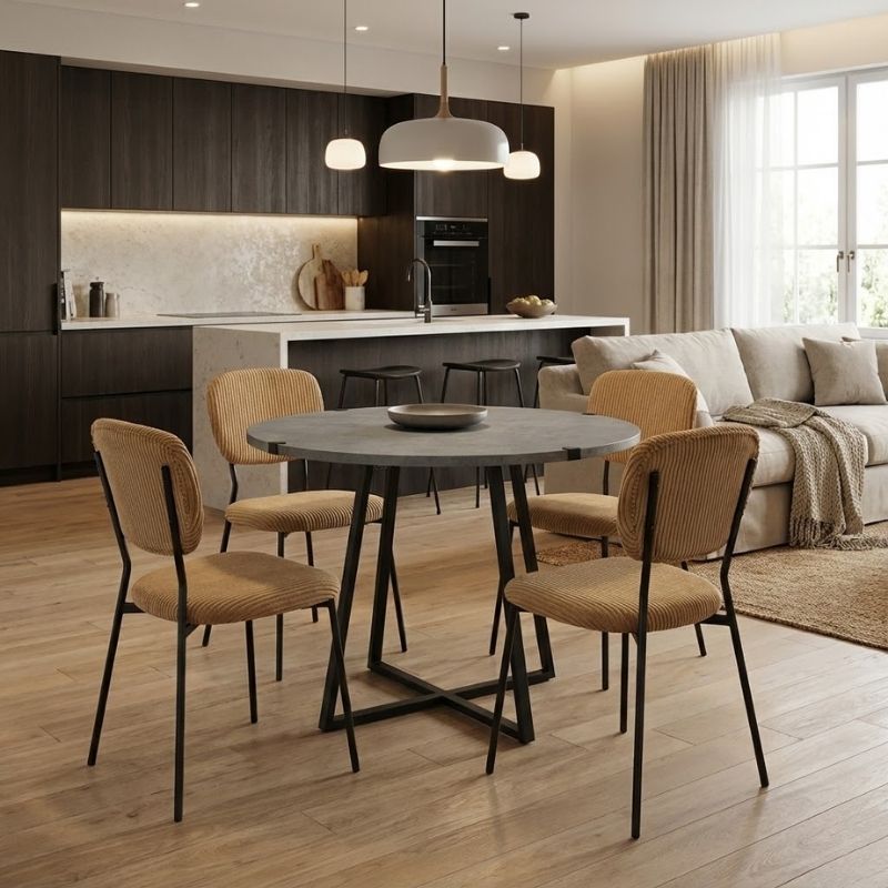 Σετ τραπεζαρία 5τμχ Rubes - Kevin Megapap χρώμα γκρι σκυροδέματος - μουσταρδί Ø100x78εκ. Σετ τραπεζαρία 5τμχ Rubes - Kevin Megapap χρώμα γκρι σκυροδέματος - μουσταρδί Ø100x78εκ.