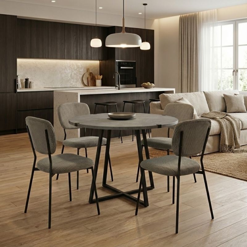 Σετ τραπεζαρία 5τμχ Rubes - Kevin Megapap χρώμα γκρι σκυροδέματος - λαδί Ø100x78εκ. Σετ τραπεζαρία 5τμχ Rubes - Kevin Megapap χρώμα γκρι σκυροδέματος - λαδί Ø100x78εκ.