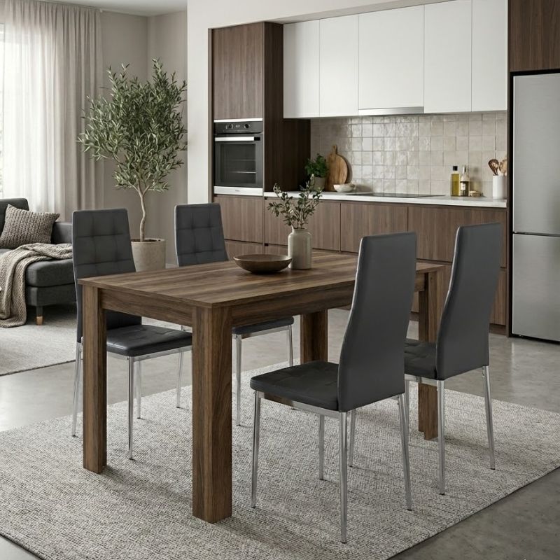 Σετ τραπεζαρία 5τμχ Darlen - Rosa Megapap χρώμα καρυδί - γκρι/χρωμίου πόδι 125x72x74εκ. Σετ τραπεζαρία 5τμχ Darlen - Rosa Megapap χρώμα καρυδί - γκρι/χρωμίου πόδι 125x72x74εκ.