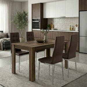 Σετ τραπεζαρία 5τμχ Darlen - Rosa Megapap χρώμα καρυδί - καφέ/χρωμίου πόδι 125x72x74εκ.