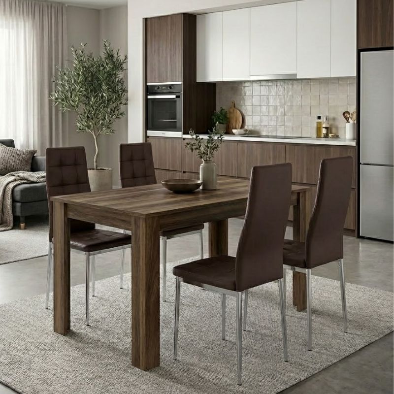 Σετ τραπεζαρία 5τμχ Darlen - Rosa Megapap χρώμα καρυδί - καφέ/χρωμίου πόδι 125x72x74εκ. Σετ τραπεζαρία 5τμχ Darlen - Rosa Megapap χρώμα καρυδί - καφέ/χρωμίου πόδι 125x72x74εκ.