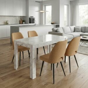 Σετ τραπεζαρία 5τμχ Darlen - Christy Megapap χρώμα λευκό εφέ μαρμάρου - μουσταρδί 125x72x74εκ.