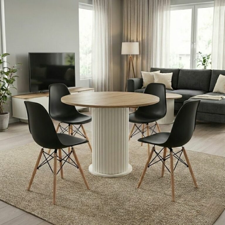 Σετ τραπεζαρία 5τμχ Bohema - Nova Megapap χρώμα ivory/sepet oak - μαύρο Ø90x77