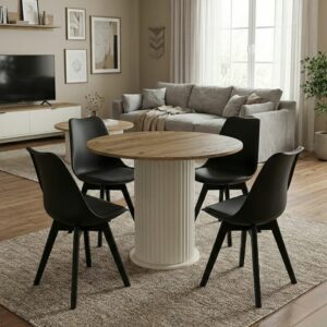 Σετ τραπεζαρία 5τμχ Bohema - Viva Megapap χρώμα ivory/sepet oak - μαύρο Ø90x77