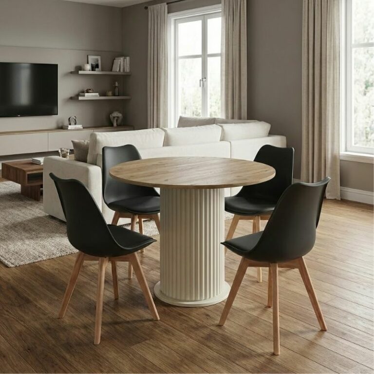 Σετ τραπεζαρία 5τμχ Bohema - Viva Megapap χρώμα ivory/sepet oak - μαύρο/φυσικό πόδι Ø90x77