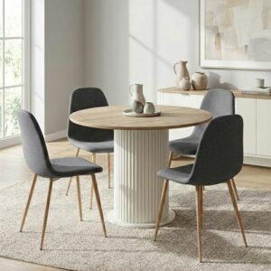 Σετ τραπεζαρία 5τμχ Bohema - Iris Megapap χρώμα ivory/sepet oak - γκρι Ø90x77