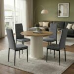 Σετ τραπεζαρία 5τμχ Bohema - Rosa Megapap χρώμα ivory/sepet oak - γκρι Ø90x77