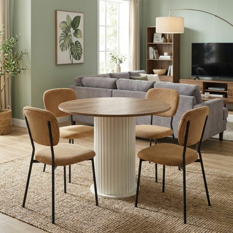 Σετ τραπεζαρία 5τμχ Bohema - Kevin Megapap χρώμα ivory/sepet oak - μουσταρδί Ø90x77