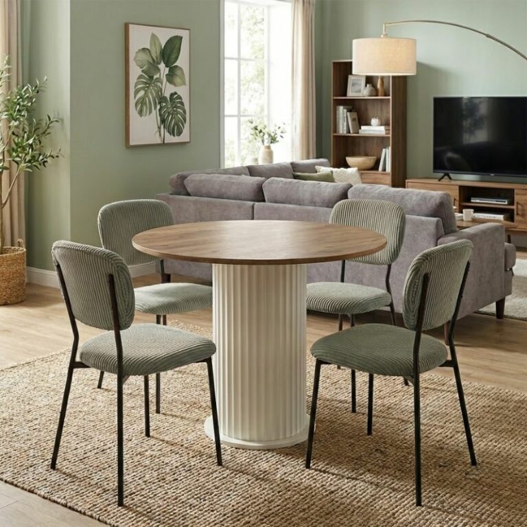 Σετ τραπεζαρία 5τμχ Bohema - Kevin Megapap χρώμα ivory/sepet oak - λαδί Ø90x77