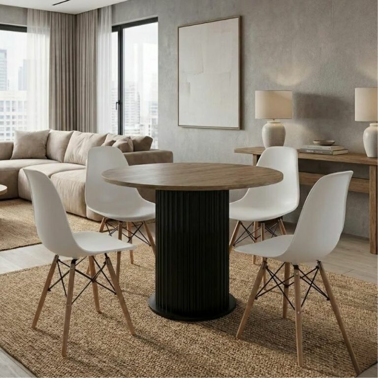 Σετ τραπεζαρία 5τμχ Bohema - Nova Megapap χρώμα μαύρο/sepet oak - λευκό Ø90x77