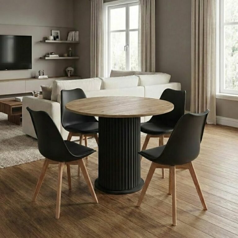 Σετ τραπεζαρία 5τμχ Bohema - Viva Megapap χρώμα μαύρο/sepet oak - μαύρο/φυσικό πόδι Ø90x77