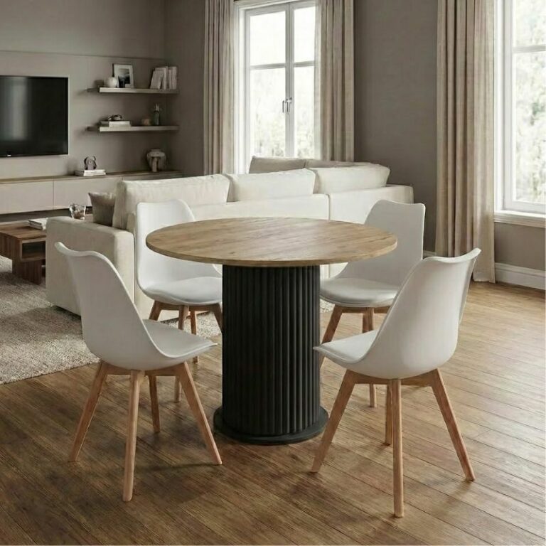 Σετ τραπεζαρία 5τμχ Bohema - Viva Megapap χρώμα μαύρο/sepet oak - λευκό/φυσικό πόδι Ø90x77