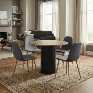 Σετ τραπεζαρία 5τμχ Bohema - Iris Megapap χρώμα μαύρο/sepet oak - γκρι/φυσικό πόδι Ø90x77