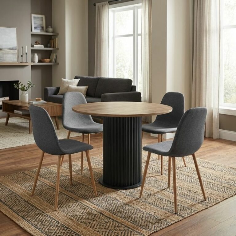 Σετ τραπεζαρία 5τμχ Bohema - Iris Megapap χρώμα μαύρο/sepet oak - γκρι/φυσικό πόδι Ø90x77