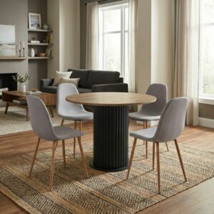 Σετ τραπεζαρία 5τμχ Bohema - Iris Megapap χρώμα μαύρο/sepet oak - ανοιχτό μπεζ/φυσικό πόδι Ø90x77