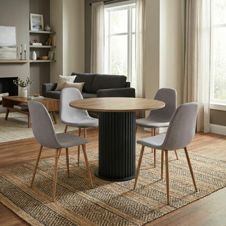 Σετ τραπεζαρία 5τμχ Bohema - Iris Megapap χρώμα μαύρο/sepet oak - ανοιχτό μπεζ/φυσικό πόδι Ø90x77