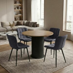 Σετ τραπεζαρία 5τμχ Bohema - Chiara Megapap χρώμα μαύρο/sepet oak - ανθρακί Ø90x77