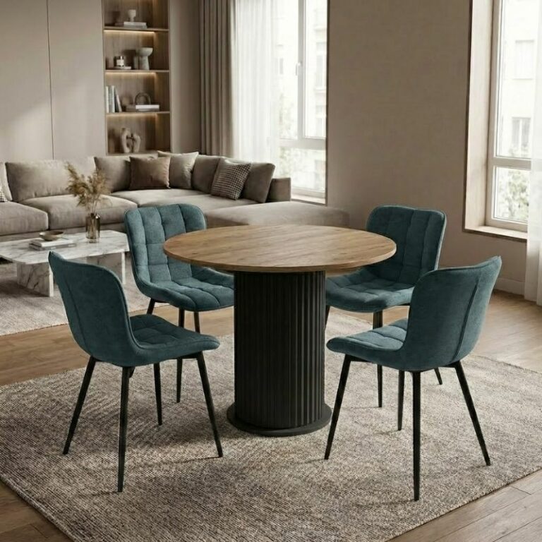 Σετ τραπεζαρία 5τμχ Bohema - Chiara Megapap χρώμα μαύρο/sepet oak - πράσινο Ø90x77