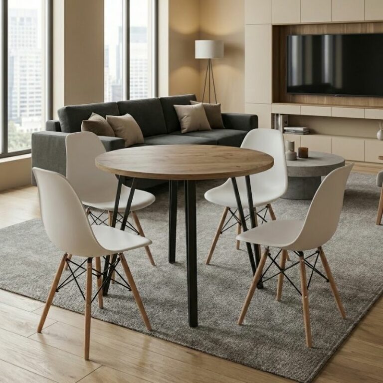 Σετ τραπεζαρία 5τμχ Xana - Nova Megapap χρώμα sepet oak - λευκό Ø90x77