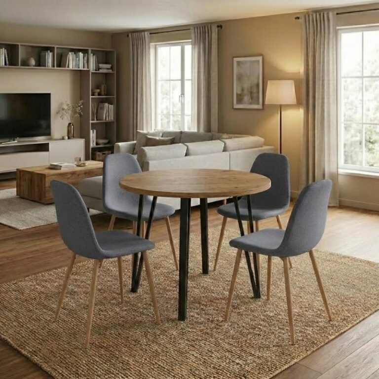 Σετ τραπεζαρία 5τμχ Xana - Iris Megapap χρώμα sepet oak - γκρι/φυσικό πόδι Ø90x77